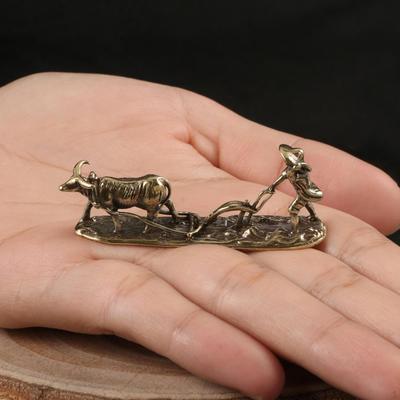 Miniature Cow Sculpture Brass Plow Figurine Simple Handmade Desktop for Home