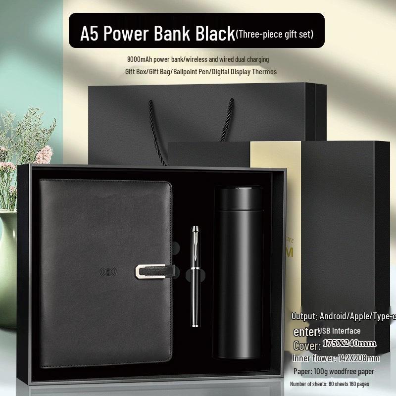 A5 Multi-Function Notebook Gift Set with USB & Wireless Charger - Customizable Logo Option