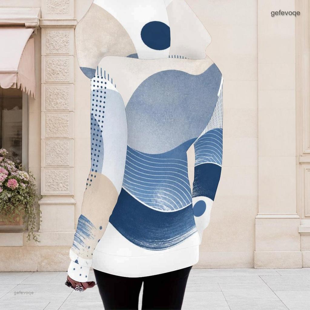 Women Plus Size Black Beige Printed Asymmetric Cutout Neck Hooded Long Sleeve Fitted Top
