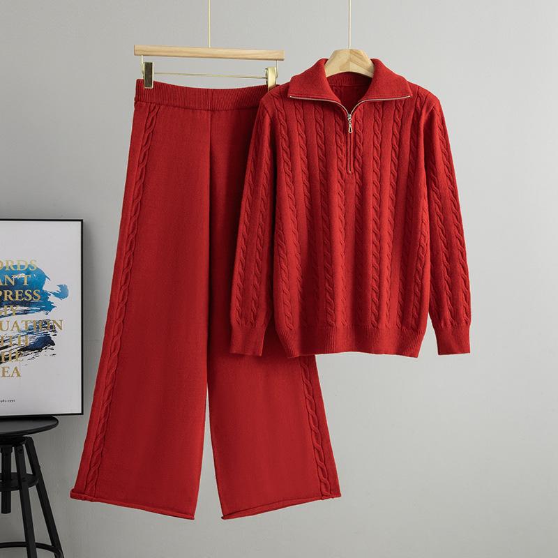 Women's Versatile Autumn/Winter Half-Zip Knit Top and Wide-Leg Pants Set