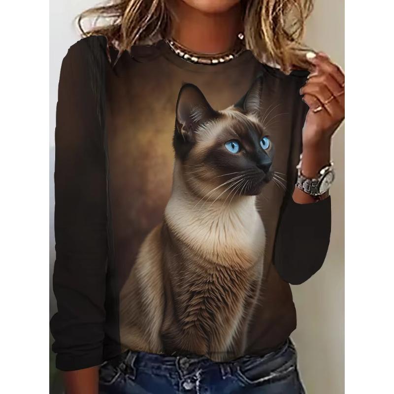 Autumn and Winter Women's Cat 3D Printed Crew Neck Long Sleeve T-Shirt