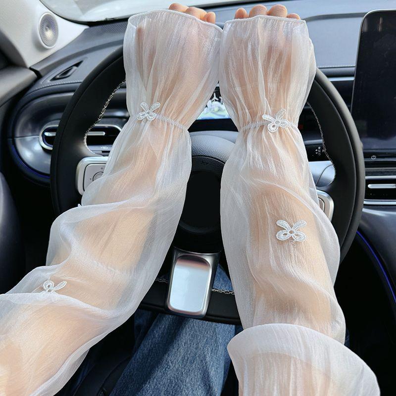 Women Bow Ice Silk Sun Protection Sleeves Outdoor Loose Lace Arm Sleeves Accessories