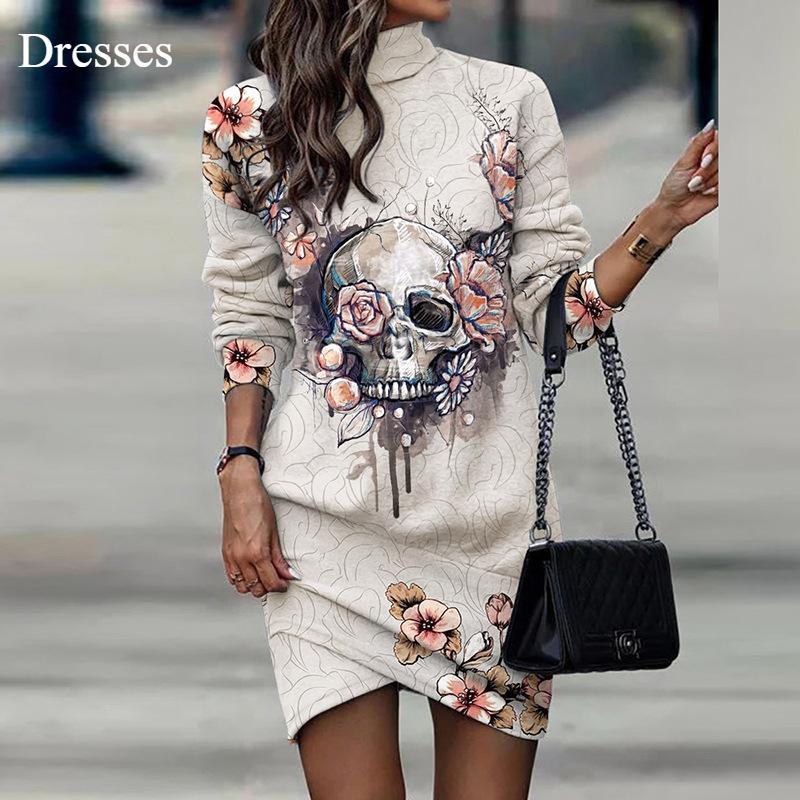 

Нестандартное платье осень и зима новый длинный рукав высокий ворот принт женская мода тонкий темперамент красивая юбка 2XL