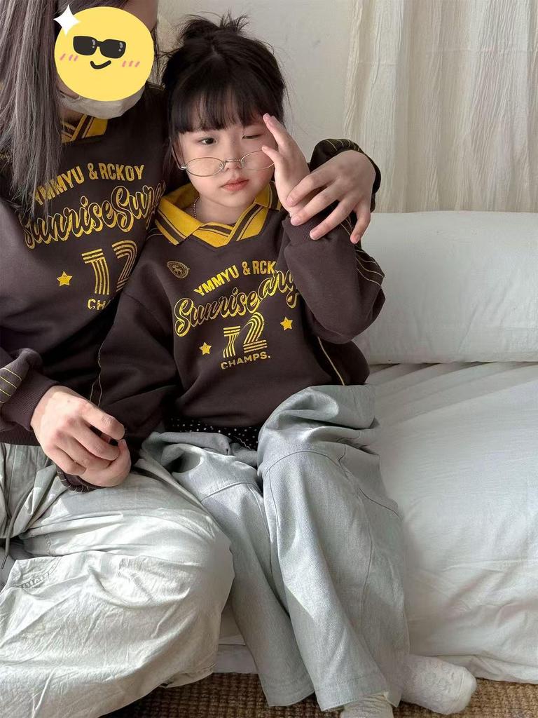 Korean Style Family Matching Autumn V-Neck Sweatshirts: Color Block for Mother-Son or Mother-Daughter
