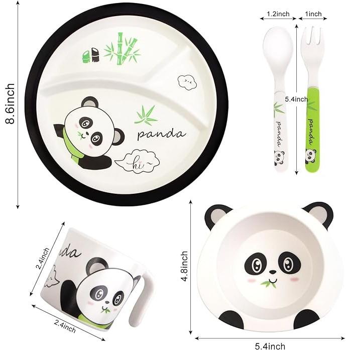 5-Piece Bamboo Panda Baby Feeding Set, Natural Eco-Friendly Reusable Plate Bowl Spoon Fork, Cute Toddler Kitchen Accessories