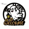 Decorative Wood Craft for Shop Halloween Ghost Pumpkin Round Wooden Welcome Door Hanger, Wall Plaque Spooky Party Favors with Rope, Hanging