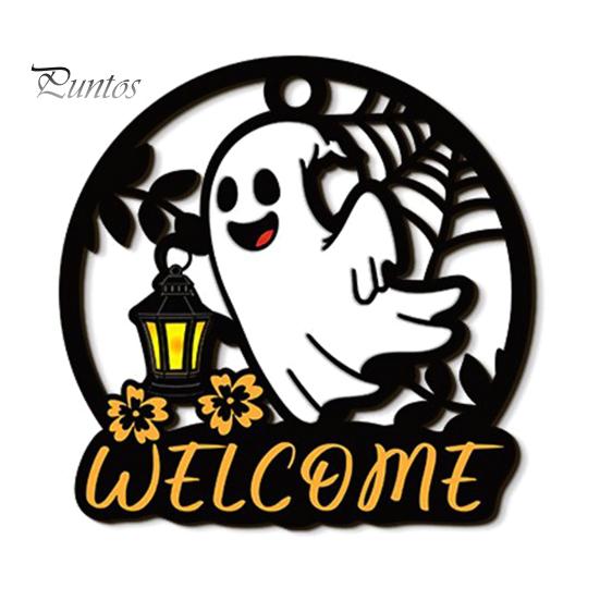Decorative Wood Craft for Shop Halloween Ghost Pumpkin Round Wooden Welcome Door Hanger, Wall Plaque Spooky Party Favors with Rope, Hanging