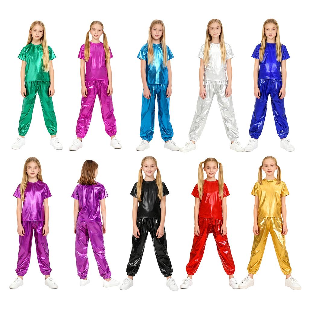 Unisex Kinder Tanzparty Kostüm Kurzarm Rundhals Metallic Glänzendes T-Shirt und Hose Performance Set