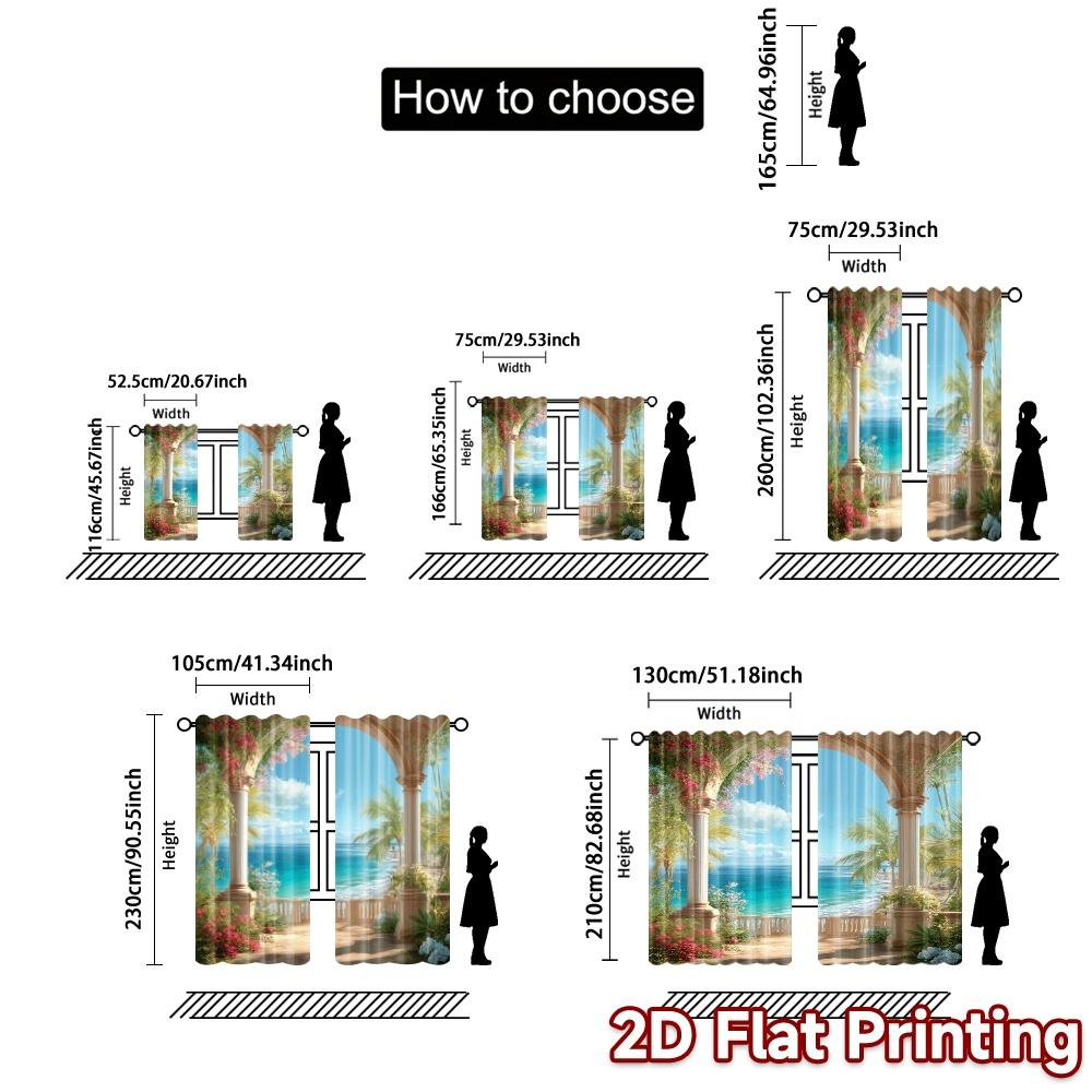 Modern Flat Printing Curtains Without Rod Seaside Balcony Durable Polyester Light Filtering Set Of 2 Made Patio Decor