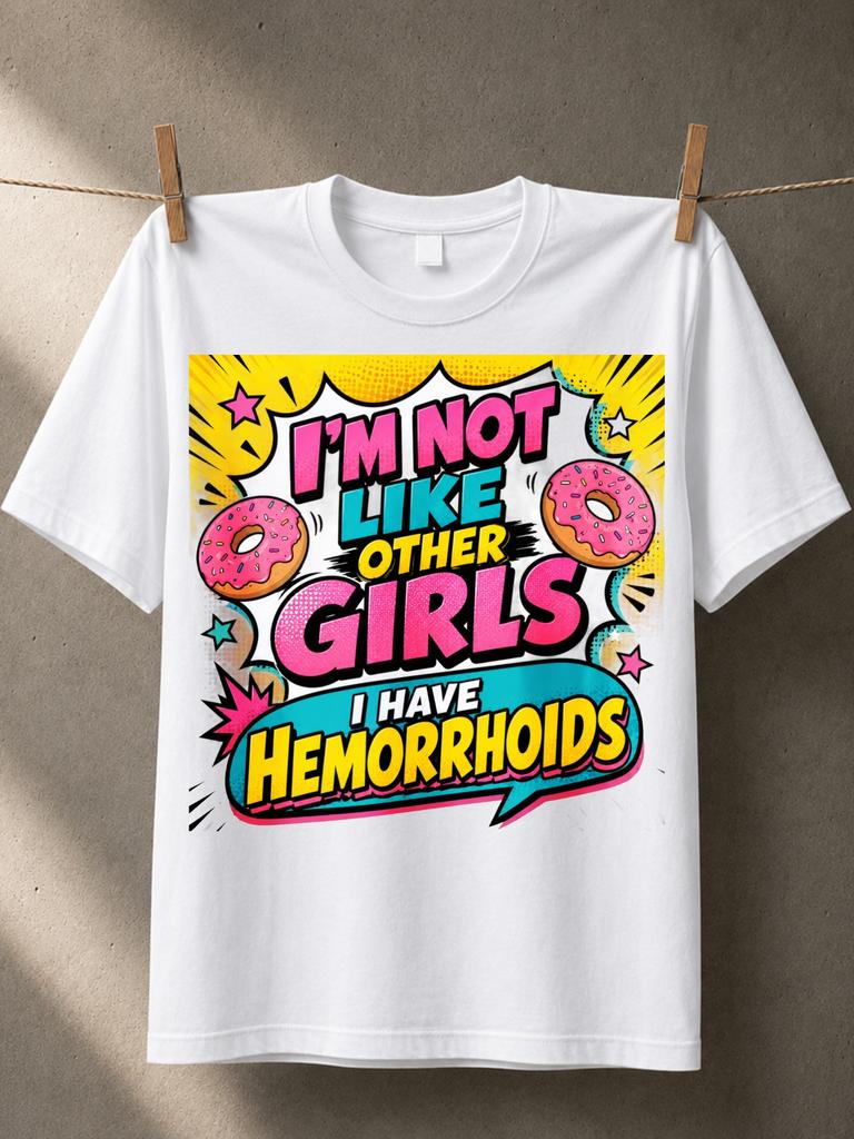 m Not Like Other Girls I Have Hemorrhoids with comic pop art donuts stars and bright yellow pink Unisex All T-Shirt