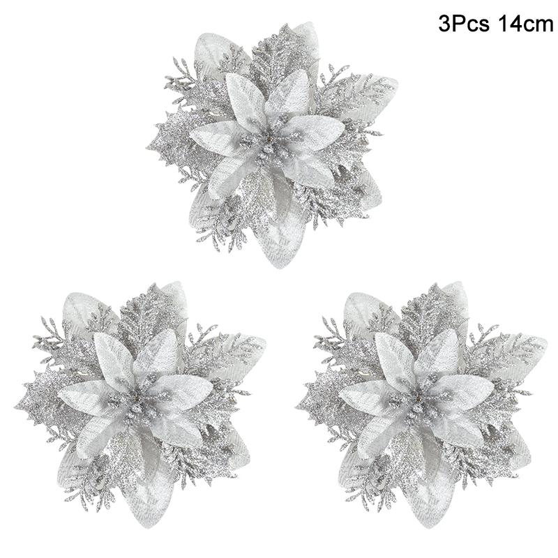 3 st 14 cm Julblommor Glitter Konstgjorda Röda Guld Blomhuvud Bär DIY Julgrans Prydnader Dekorationer för Hem Nyår