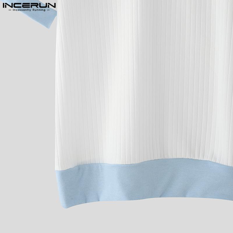 INCERUN Men Lapel Short Sleeve Stitching Casual Office T-shirts Rib Tops