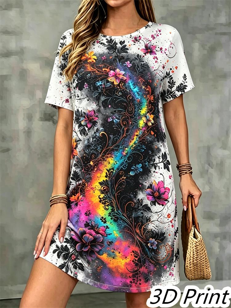 Fashion 3D Print Summer Dress Loose Casual Short Sleeve O-Neck Mini Dress