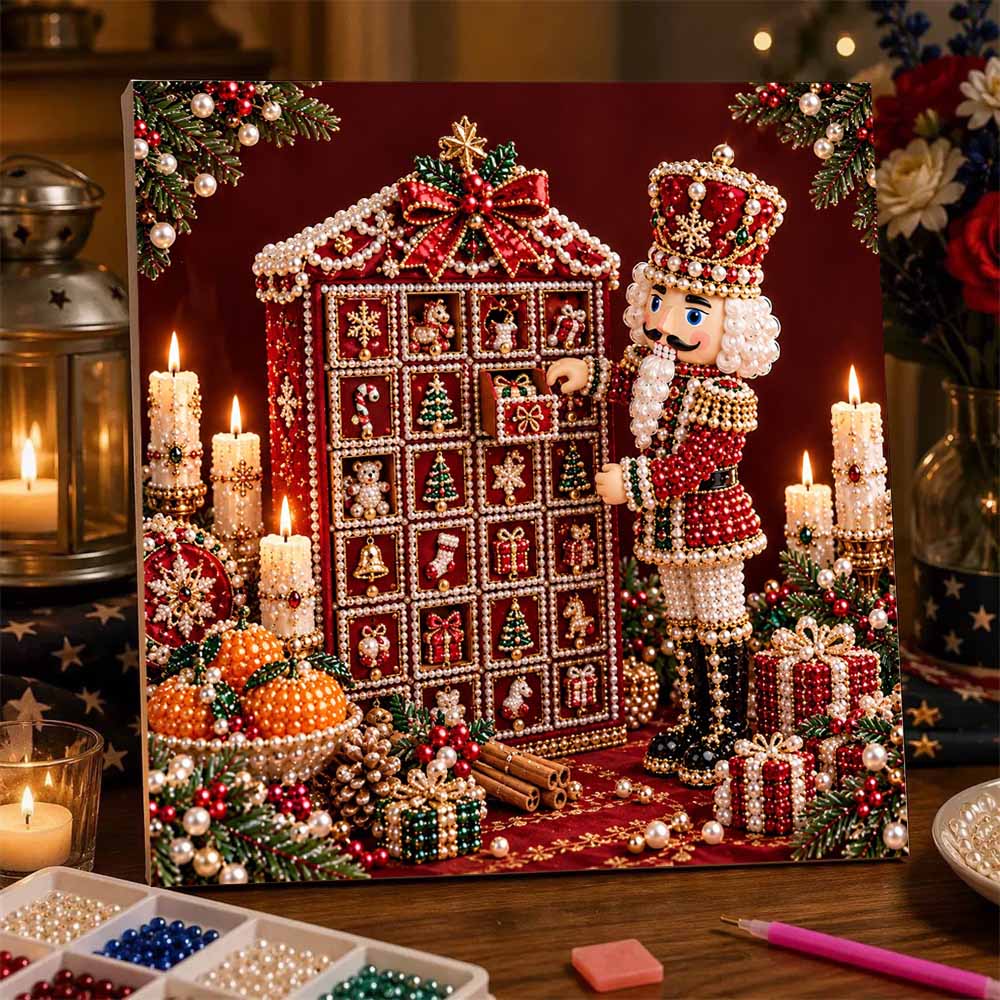 5D Pearl Painting Kit Framed with Nutcracker Advent Calendar Christmas Sparkling Bead Art Canvas DIY Relaxing Craft for Wall Decor Gift