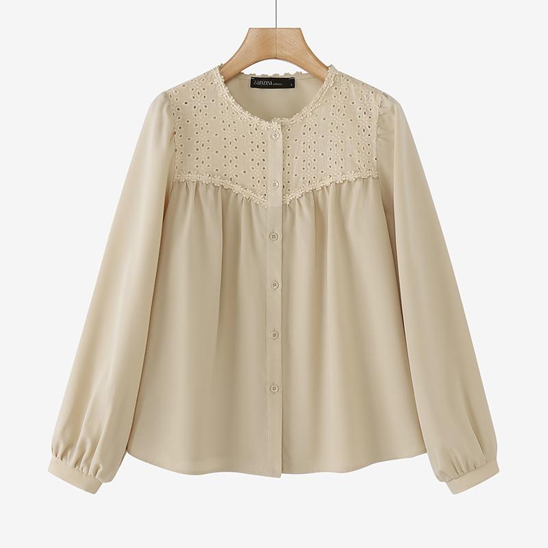 

ZANZEA Женская кружевная блузка с длинным рукавом в стиле пэчворк с вязанным крючком узором L бежевый