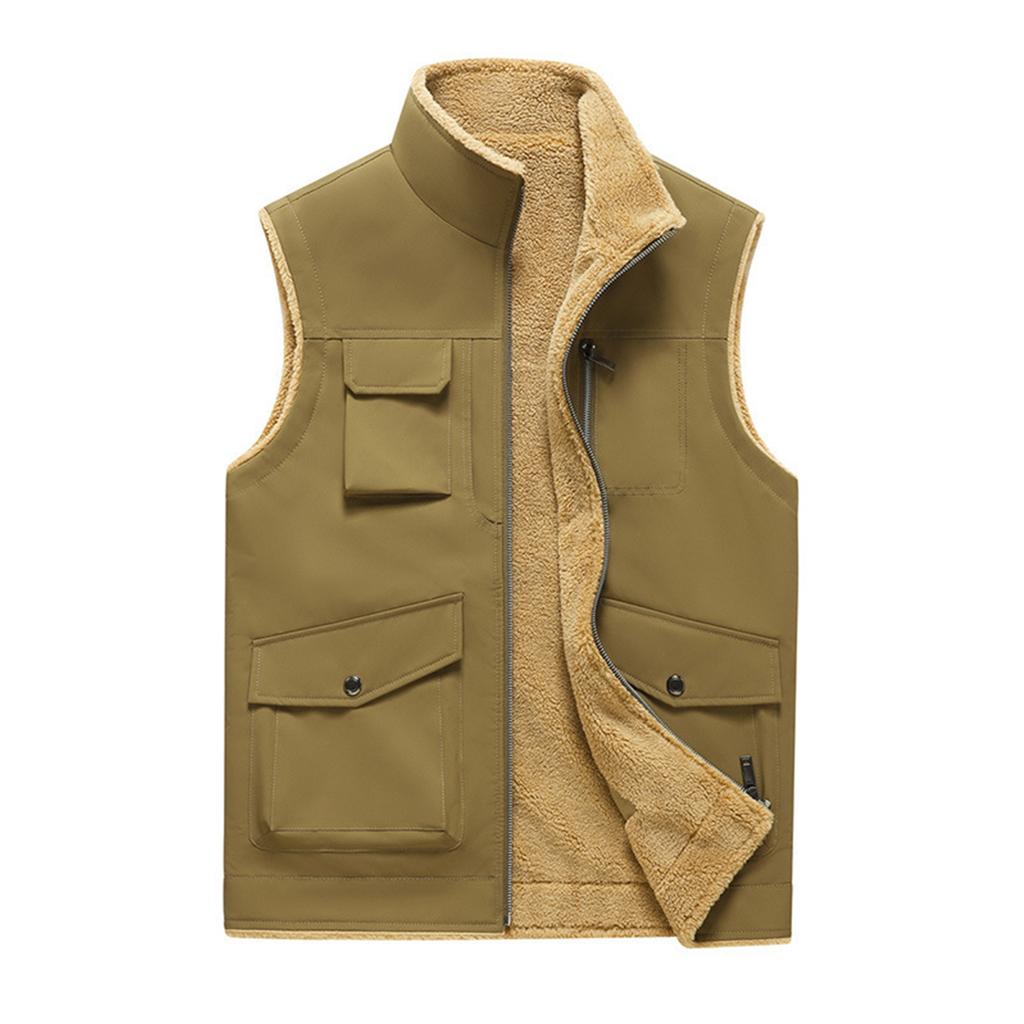 Men's Casual Fleece Solid Color Zipper Vest, Multi-pocket Workwear Vest, Stand-up Collar Lambskin Vest