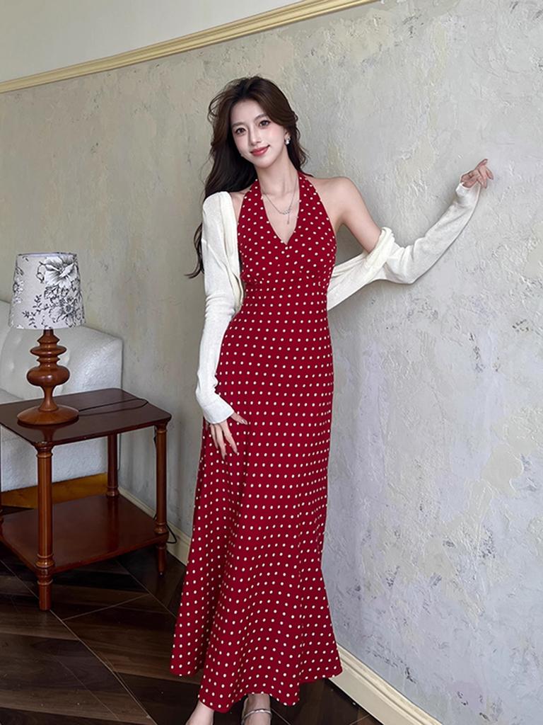 Red polka dot neck sling dress women's summer dopamine Xinjiang travel beautiful seaside vacation beach dress