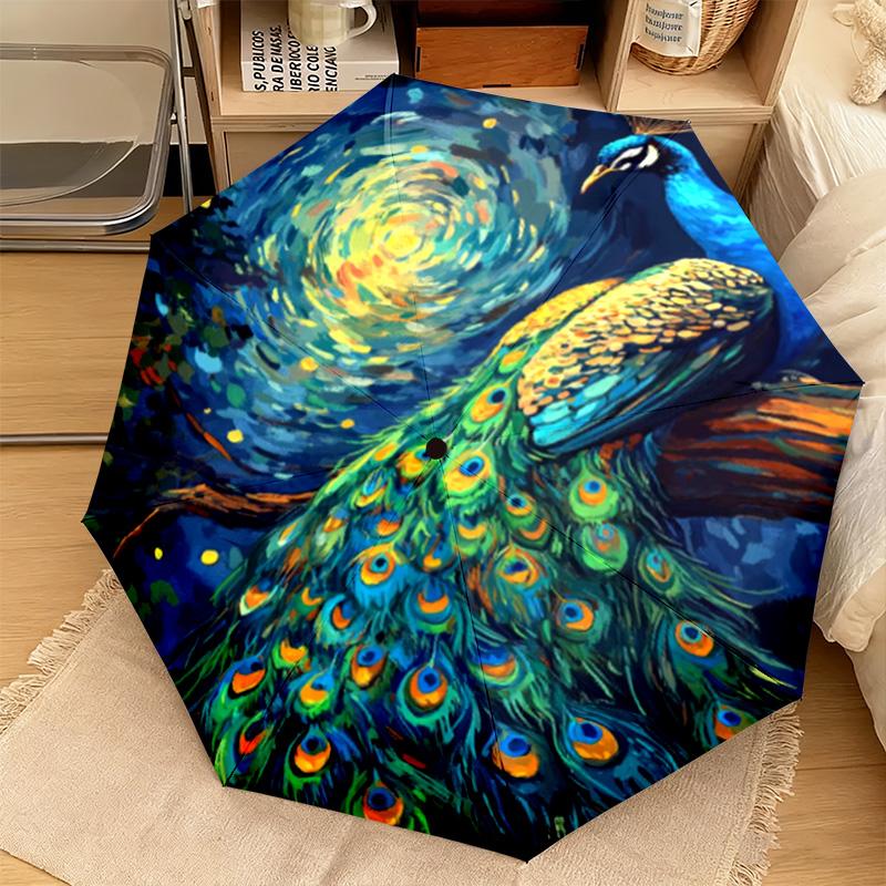 1PC Peacock Starry Night Automatic Umbrella - Suitable Travel Outdoor Portable Umbrella Birthday Gift Daily Essentials