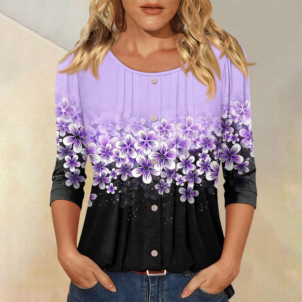 Women's Fashionable Casual Three,quarter Sleeve Button,down Retro Floral Round Neck Top