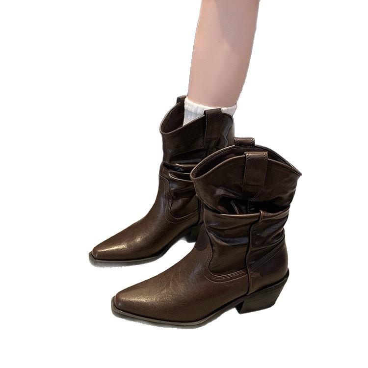 Cowhide version~ Zhao Ruth has the same pointed pile boots, short boots, high-heeled retro western knight boots, V-mouth medium boots.