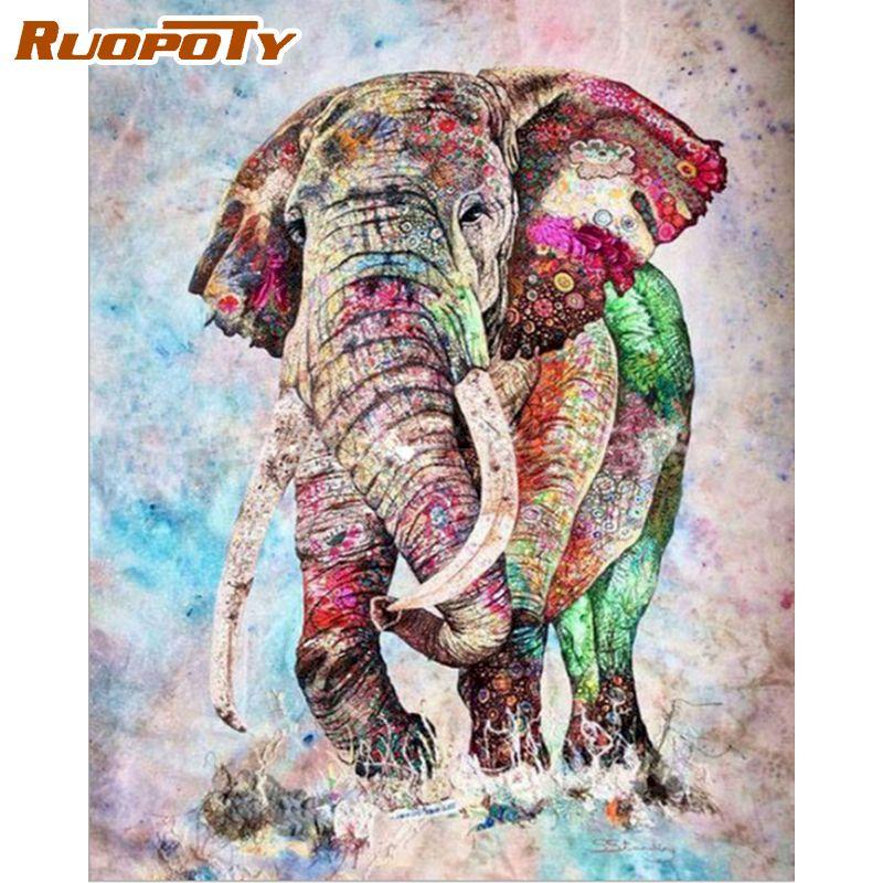 RUOPOTY Frame DIY Painting By Numbers Elephant Animals Acrylic Coloring By Numbers Paint On Canvas Hand Painted Oil Painting