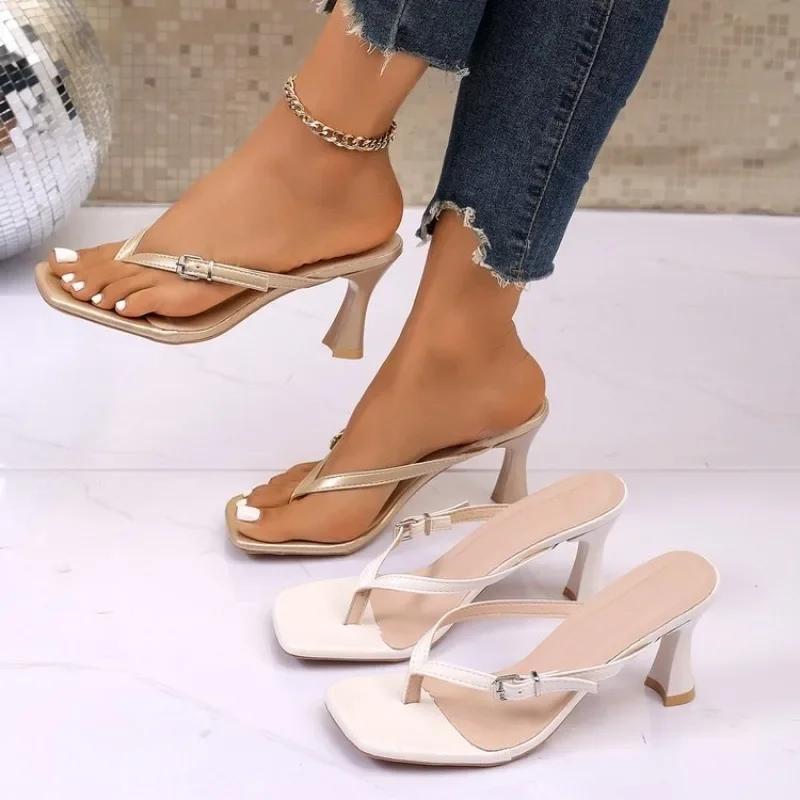 Women's Buckle Strap Thong Heeled Sandals, Square Toe Kitten Heel Mules, Elegant Summer Party Shoes