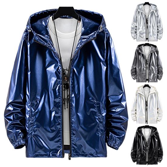 Herren Kapuzenjacke Glänzende Oberfläche Reißverschluss Einfarbig Slim Fit Wasserdicht Frühling Herbst Elastische Bündchen Mantel Streetwear