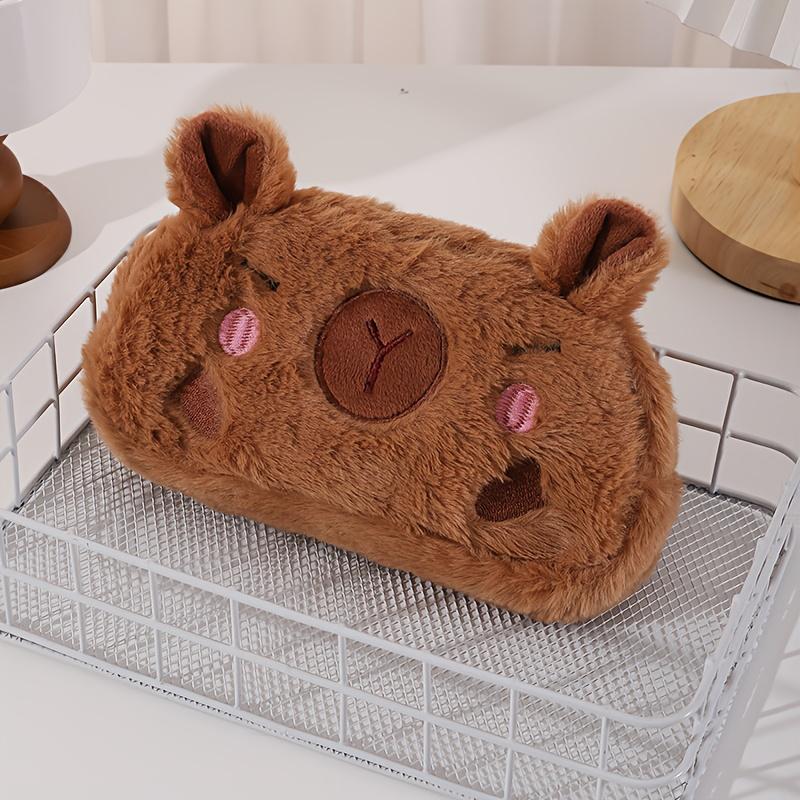 Large Plush Capybara Pencil Case - Spacious Stationery Organizer with Makeup Brush Holder, Coin Purse & Office Supplies Storage