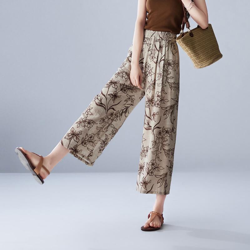 SOFSIL Women s Summer Chinese Print Wide-Leg Cropped Casual Pants 27/M