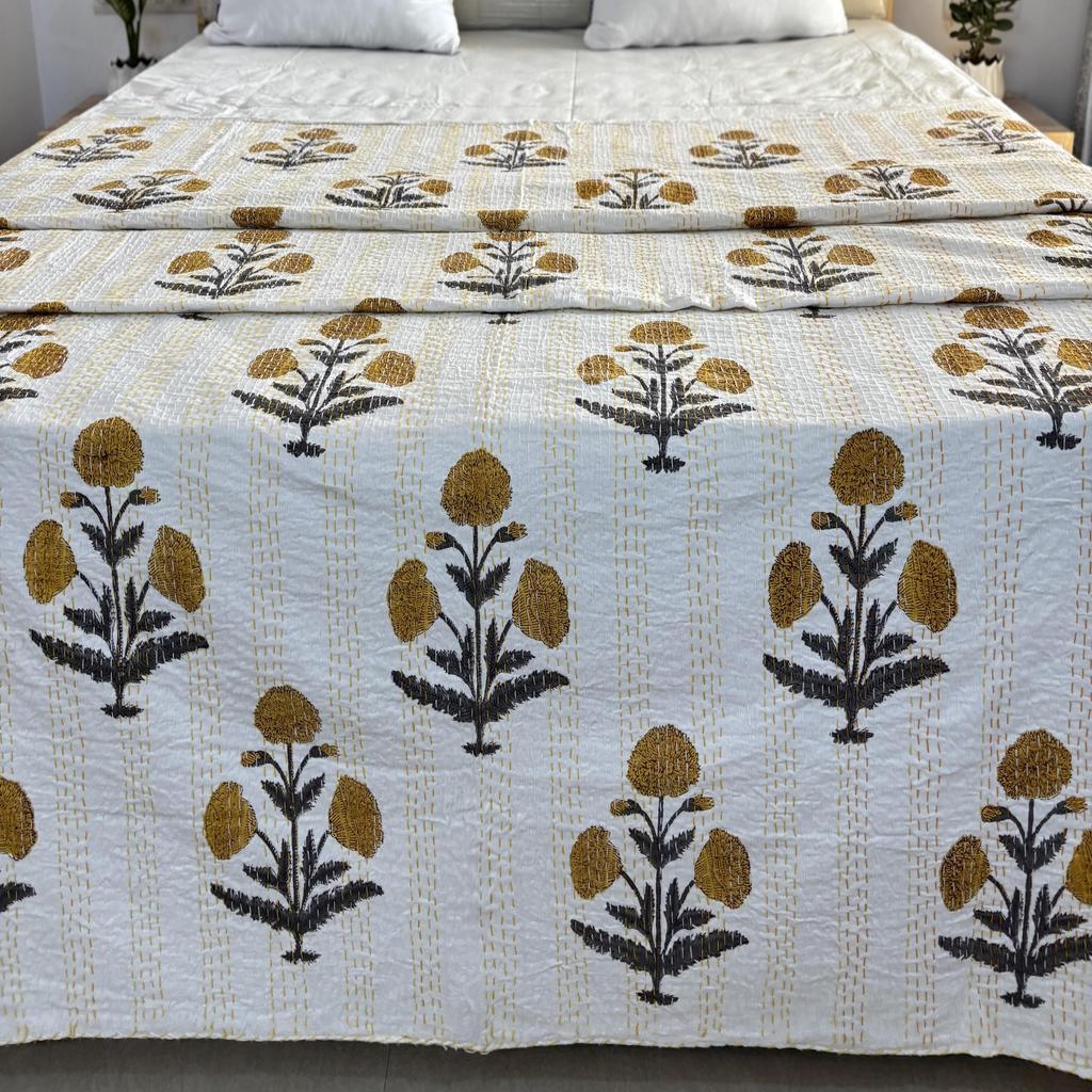 Hand Block Floral Printed Kantha Quilt, Cotton Kantha Bedspread, Vintage Bedding Bedsheets, Handmade kantha throw