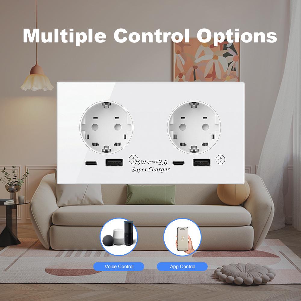 70W Smart Home EU WiFi Dual Socket with Fast USB Charging, Voice Control, Timer, and Power Monitoring