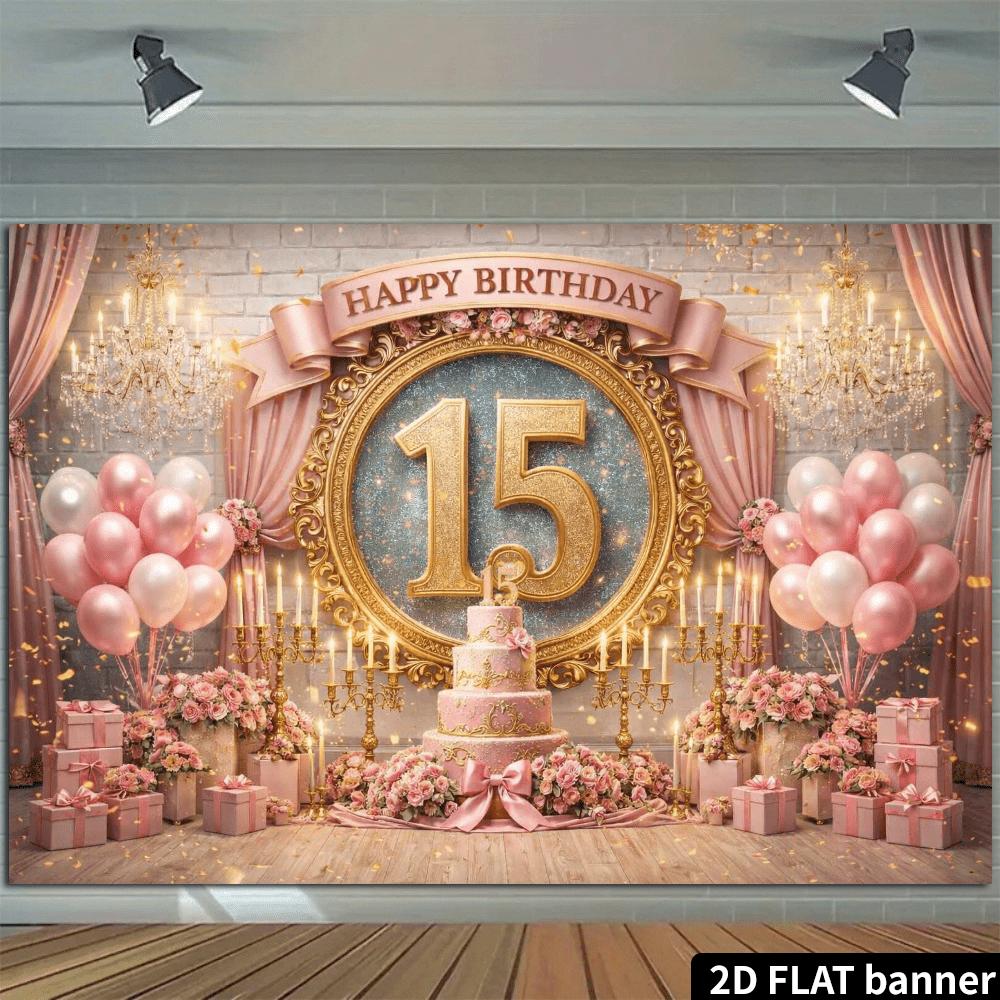 2D Plane 15th Birthday Celebration Banner Background - Retro Golden Number "15" Combined with Pink Balloons zyc