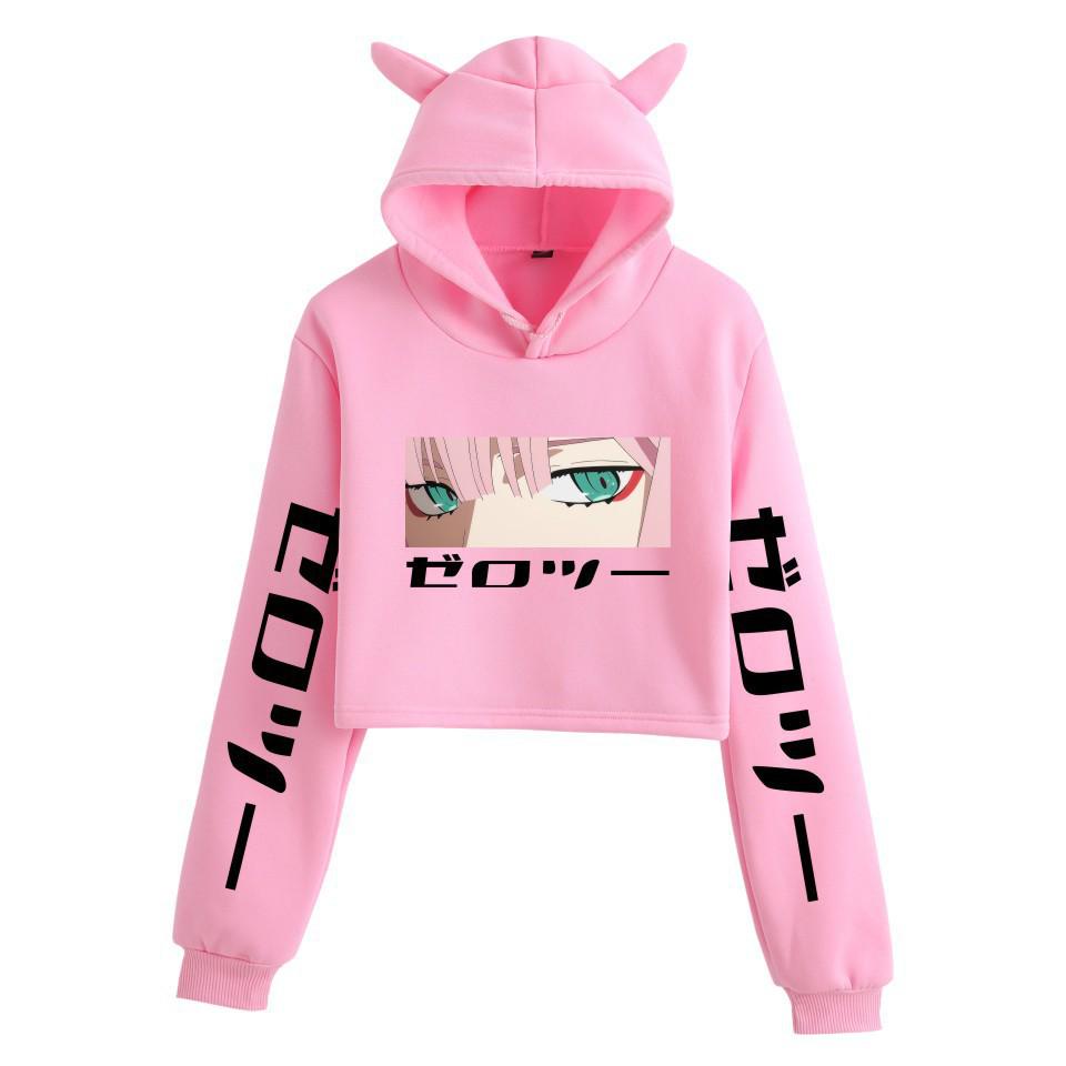 Zero Two Darling in the Franxx Anime Cat Ear Cropped Hoodie