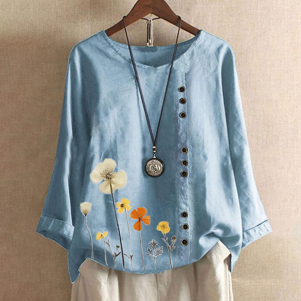 Women Casual Floral Print Long Sleeve Button  Loose T-Shirt Top Blouse