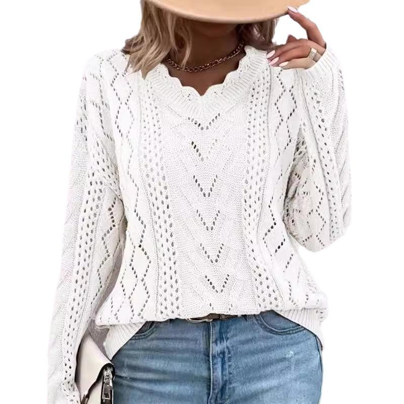 Women's Knit Hollow V-neck Long Sleeve Pullover Sweater