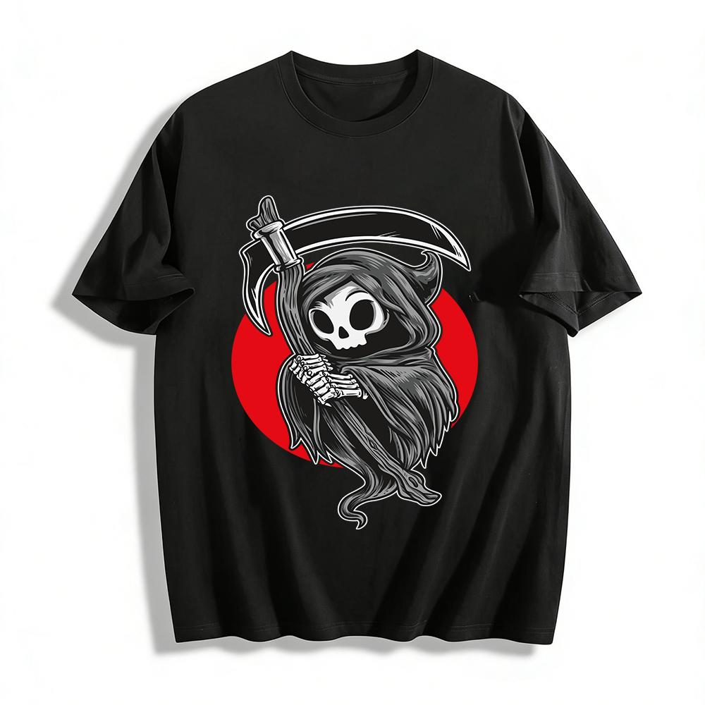 Cute Grim Reaper Scythe Print Trendy Casual Crewneck Top Pure cotton T-shirt XXS