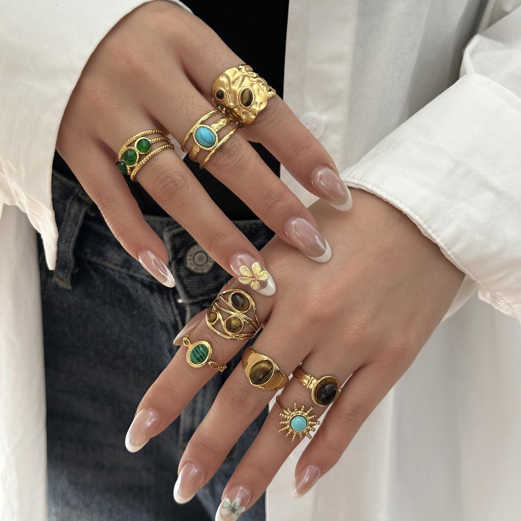 Vintage Boho Turquoise Tiger Eye Stone Rings For Women Stainless Steel Natural Stone Open Finger Ring Party Aesthetic Jewelry