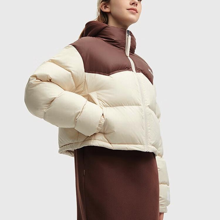 FILA Color Block Logo Zip Stand Collar Long Sleeve Down Jacket Women outerwear Beige F51W349901F-BG