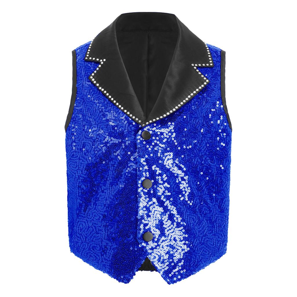 Boys Shiny Sequin Vest Contrast Lapel Collar Sleeveless Asymmetrical Hem Stage Waistcoat