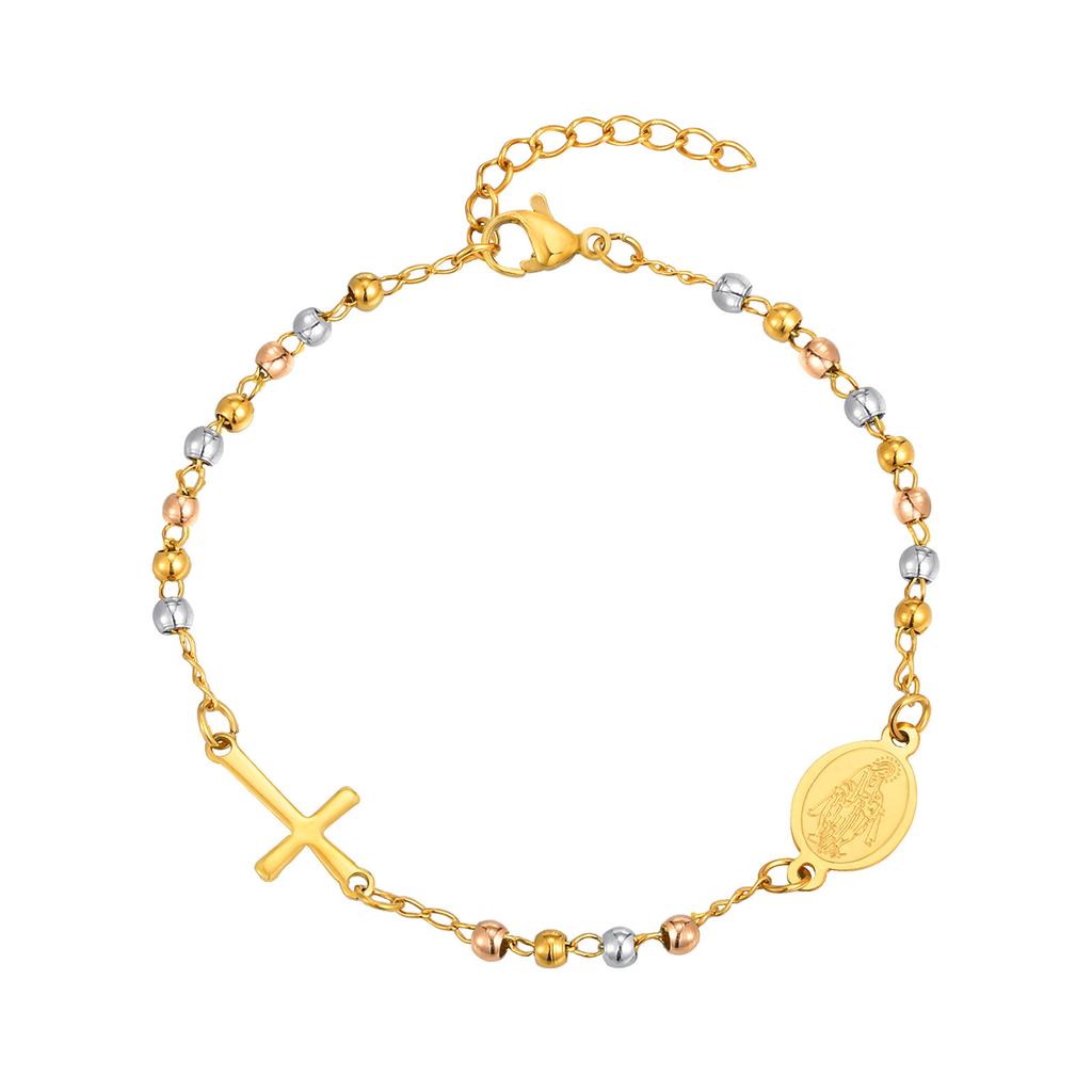 Edelstahl Jungfrau Maria St. Benedikt Kreuz Armband, Perlenkette Armband Damen Religiöser Schmuck