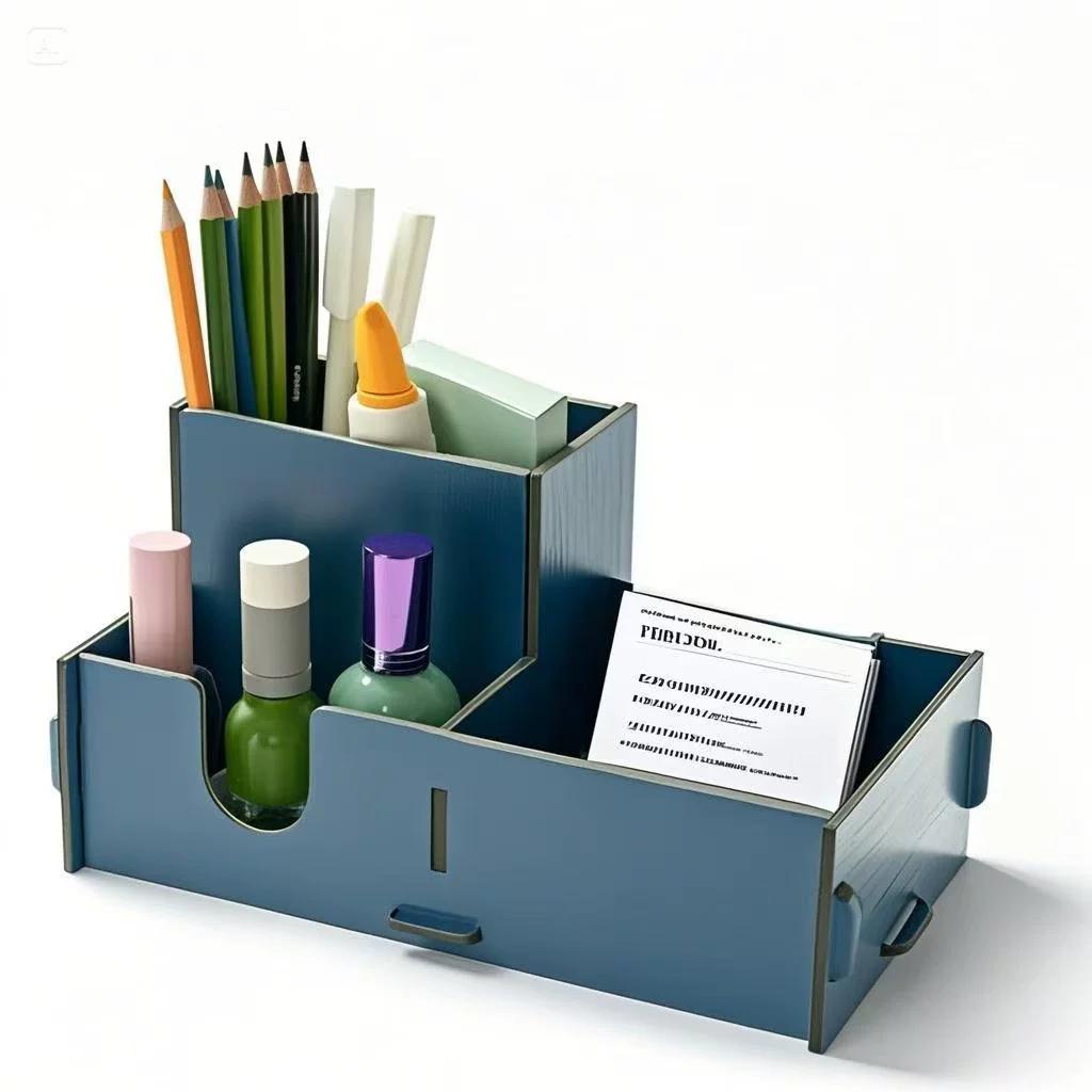 Organizador de escritorio de madera tallada a mano, caja de almacenamiento retro para papelería