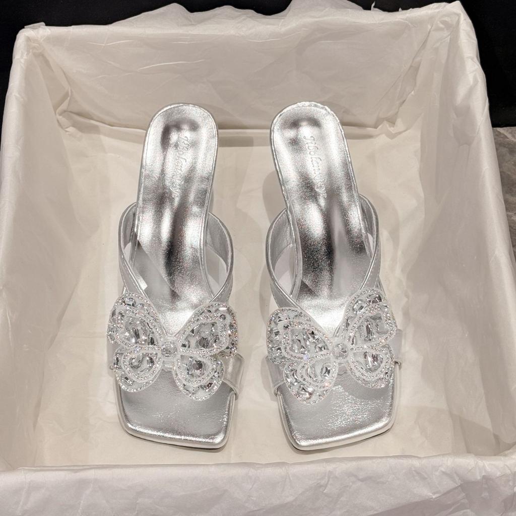 Summer New Butterfly Rhinestone Temperament Versatile Square Head Thick Heel Low Heel One-word Drag