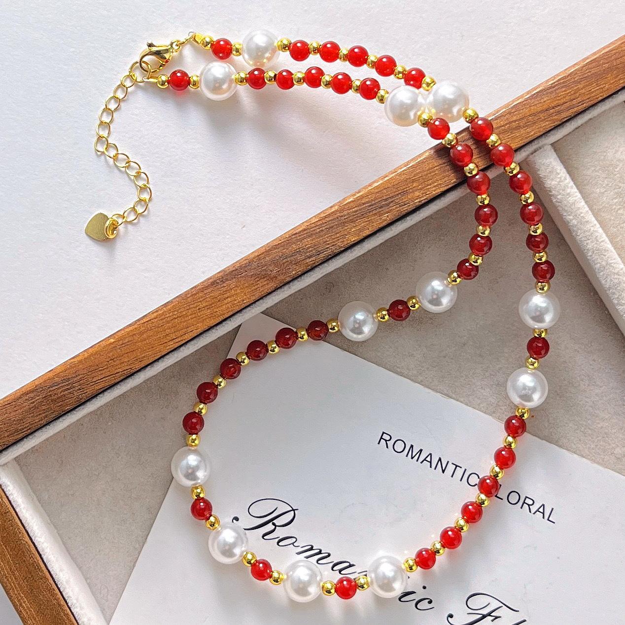 

Maillard Style Highlight Artificial Crystal Pearl Natural Chalcedony Necklace Clavicle Chain Pendant