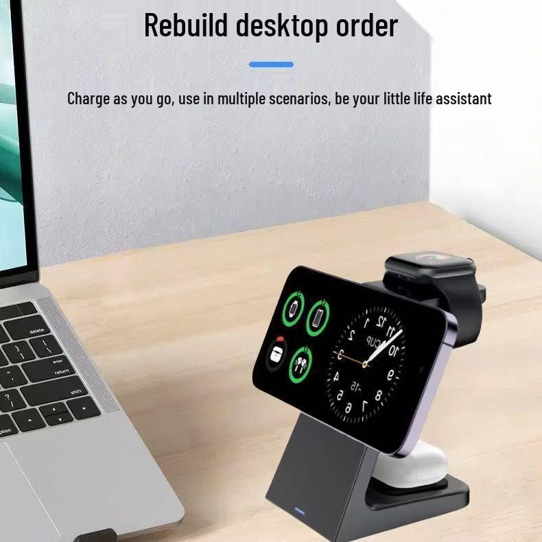 Magnetic 3-in-1 Wireless Charger Stand, 15W Fast Charging for Phone, Watch, and Earbuds.
