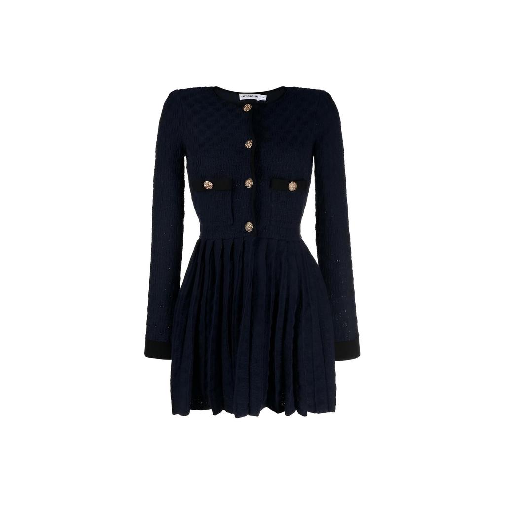 Self-Portrait Round Neck Knitted Pleated Short Wool Long Sleeve Dress Women dress Navy-Blue RS24153SBLNAVY