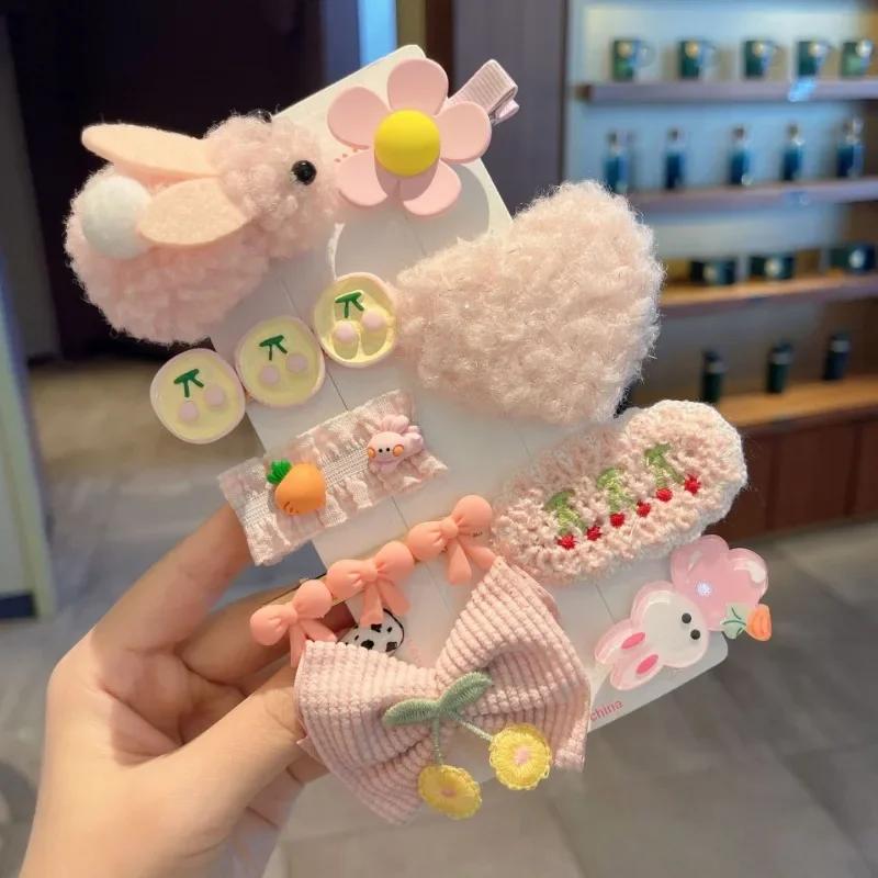 Cute Colorful Plush Hairpins 8/9pcs/Set Knitting Flowers Plaid Fruits Barrettes Hair Clip for Kids Child Hair Accessories Sets