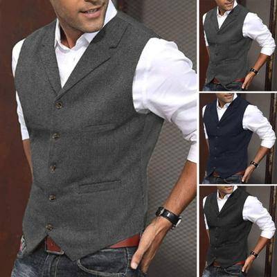 Men Vest Single-breasted Solid Color Sleeveless Lapel Slim Fit Formal Business Style Cardigan Soft Retro Groom Wedding Banquet Waistcoat