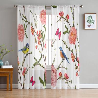Birds Butterfly Peony Flower Sheer Window Curtains For Living Room Bedroom Modern Voile Tulle Curtains Fabric Drapes For Kitchen