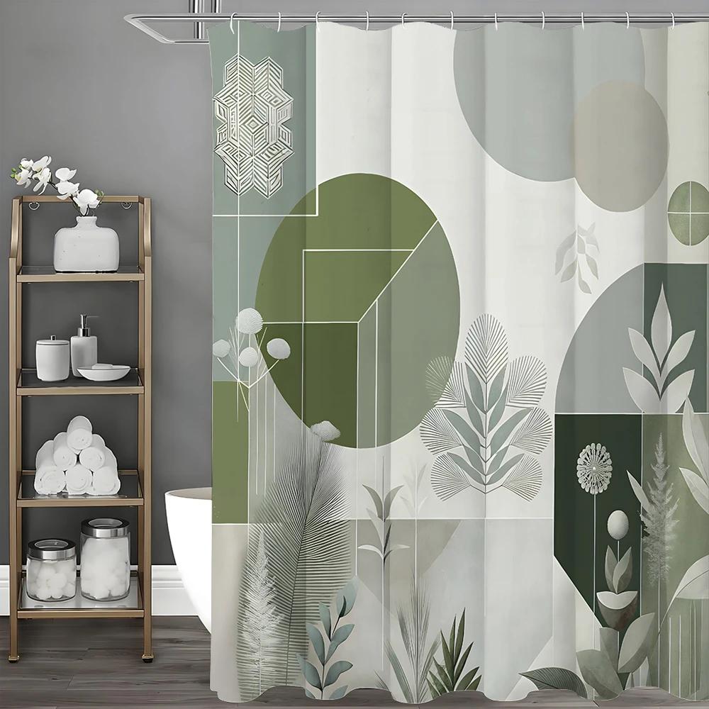 

Modern Geometric Round Leaf Minimalist Shower Curtain, Bathroom Decorative Shower Curtain, Waterproof Shower Curtain with Hooks W90xH180cm