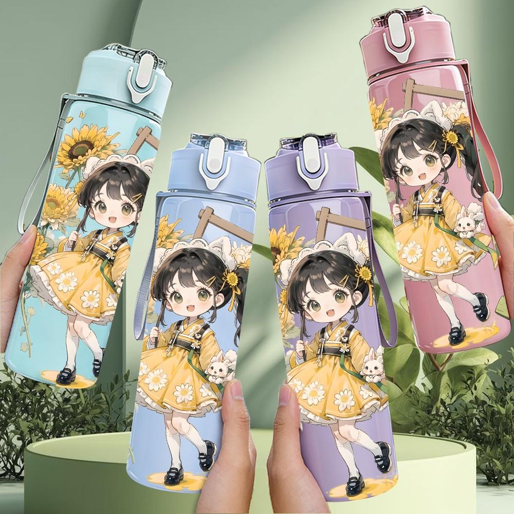 1PC Girl Holding Painting Art Board Pattern 750ml Color Plastic Sports Water Bottle Leakproof Flip Straw Lid Suitable for Sports Office Home Use